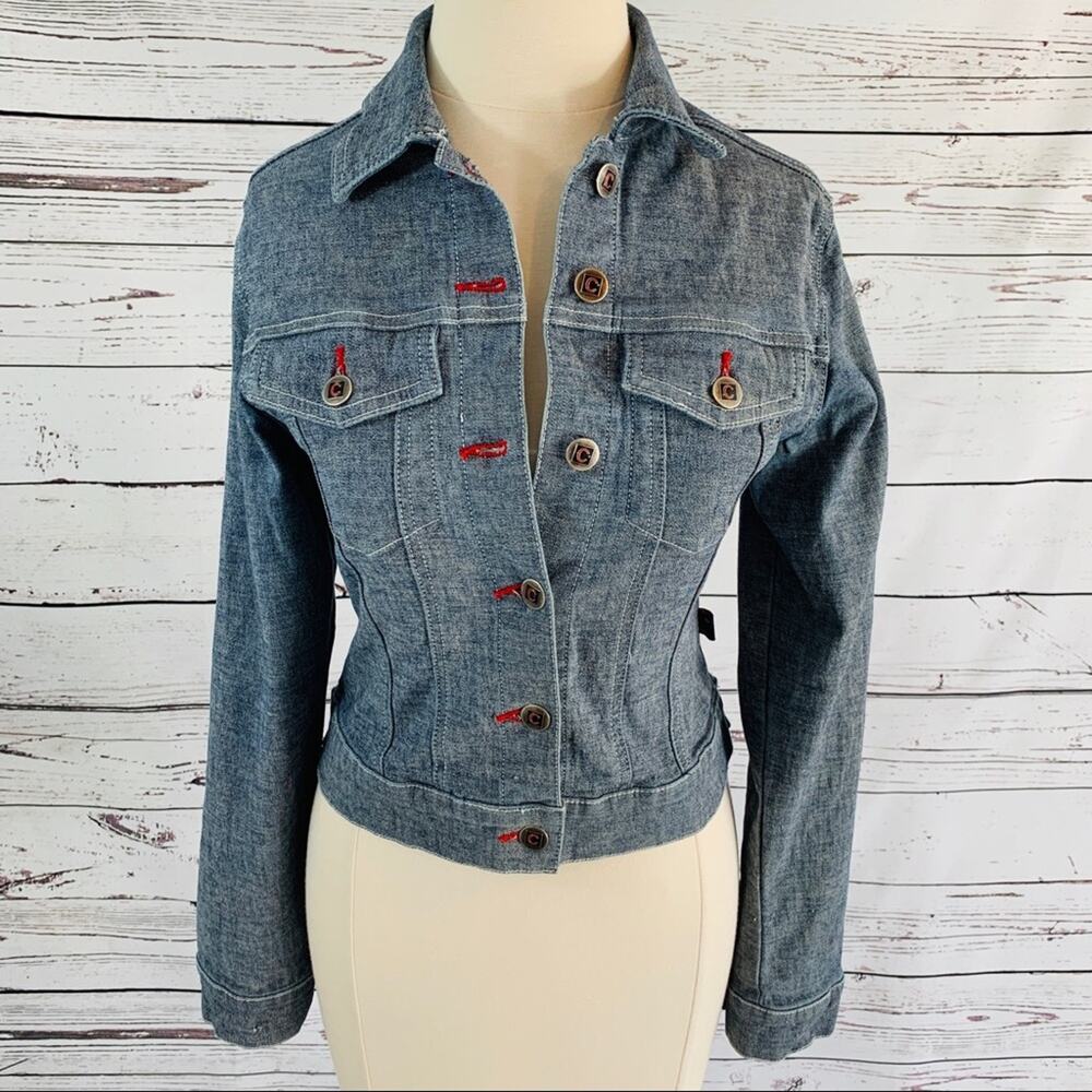 Crest Jeans Company denim jacket red accent short